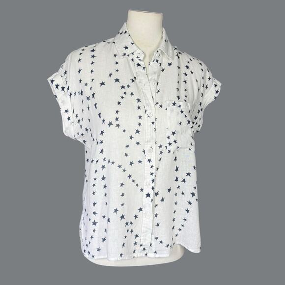 Rails Whitney short sleeve button down linen blend white navy star top XS - Picture 8 of 10